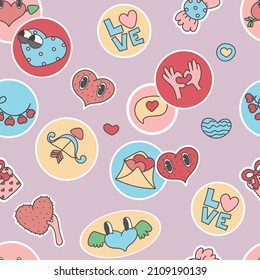seamless pattern Various Patches, pins, stamps or Stickers.  Funny cute  comic Characters.  love, valentenes day background. Hand drawn trendy  illustration. Cartoon style.  Abstract square seamless