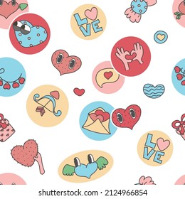 seamless pattern Various Patches, pins, stamps or Stickers.  Funny cute  comic Characters.  love, valentenes day background. Hand drawn trendy Vector illustration.  Abstract square seamless Pattern