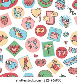 seamless pattern Various Patches, pins, stamps or Stickers.  Funny cute  comic Characters.  love, valentenes day background. Hand drawn trendy Vector illustration.  Abstract square seamless Pattern