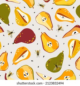 Seamless pattern with various pears and wasps. Fruit background. Vector print for fabric and wallpaper