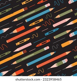 Seamless pattern with various pencils and crayons on black background,  cartoon style. Trendy modern vector illustration, hand drawn, flat design