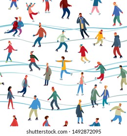 Seamless pattern. Various people ice skating. Vector full color graphics