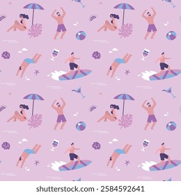Seamless pattern of various people on the tropical beach. Happy characters playing, walking and sunbathing on the beach. Texture, wallpaper template. Summertime, vacation. flat vector illustration