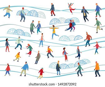 Seamless pattern. Various people skate on an ice rink among decorative bushes. Vector full color graphics