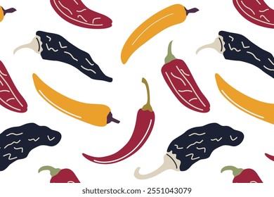 Seamless pattern of various peppers, banana pepper, chili, black dried pepper chipotle, and paprika, on white background. Vector illustration in flat cartoon style, for spices, and culinary designs