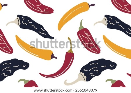 Seamless pattern of various peppers, banana pepper, chili, black dried pepper chipotle, and paprika, on white background. Vector illustration in flat cartoon style, for spices, and culinary designs