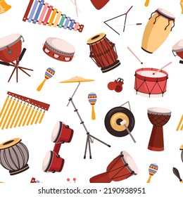 Seamless pattern with various percussion instruments flat style, vector illustration on white background. Design for wrapping and packaging, musical, decorative print