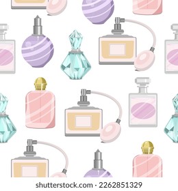 Patrón inexorable de diversos perfumes en botellas sobre fondo blanco.Patrón vectorial para perfume, papel pintado, diseños textiles.