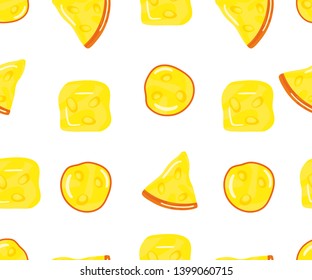 seamless pattern various pieces of cheese on white background. Template for fabric, wrapping, textile, wallpaper, print for kids clothes, card, cover, backdrop. Vector illustration