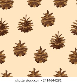 Seamless pattern with various pinecones isolated on beige background. Vector repeat background with pine cones