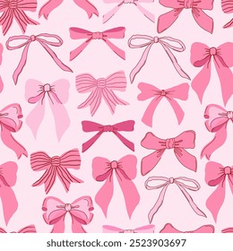 Seamless pattern with various pink bow knots. Trendy hair braiding accessory. Editable vector illustration for wrapping paper, packaging, fabric, wallpaper, phone case etc. 