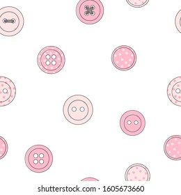 Seamless pattern with various pink buttons on a white background. Clothes buttons, hand-drawn decorative elements in vector. Vector illustration in sketch style.