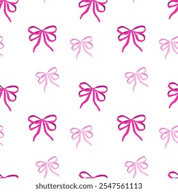 Seamless pattern with various pink cartoon gift bows. Fashionable accessory for hair braiding. Hand drawn illustration. Cotton fabric pattern for sewing, patchwork, printed fabric, textile fabrics