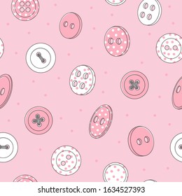 Seamless pattern with various pink clothing buttons on a pink background. Polka-dot buttons. Vector illustration in sketch style.