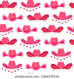 Seamless pattern of various pink cowgirl hats with fringe, hearts and stars. Vector flat background. Retro disco cowboy party concept