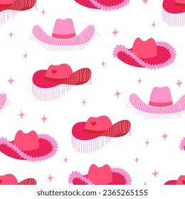 Seamless pattern of various pink cowgirl hats with fringe, hearts and stars. Vector flat background. Retro disco cowboy party concept