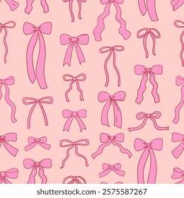 Seamless pattern with various pink hand drawn bows. Vector flat background in vintage coquette aesthetic