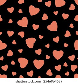 A seamless pattern of various pink hearts on black background, ideal for romantic themes.