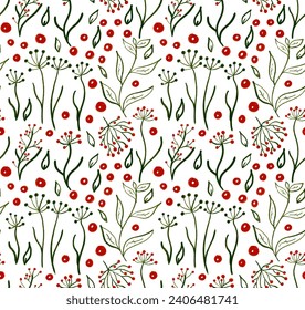 Seamless pattern of various plants - branches with leaves and berries. Hand drawn colorful trendy botanical illustration. Herbal tea and floral doodle set.