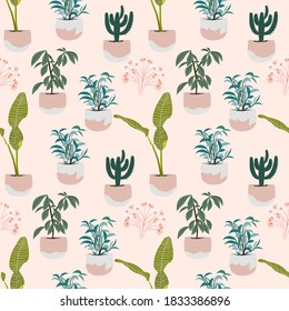 Patrón sin foco con varias plantas. Plantas tropicales Vector N fondo rosado. Estilo escandinavo.