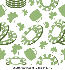 seamless pattern with various poker green chips with prints of round glasses and shamrocks and beer mugs arranged randomly for various holiday designs