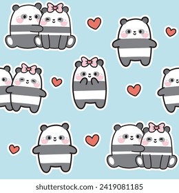 Seamless pattern of various poses of cute panda bear couple with heart on background.Wild animal character cartoon design.Valentines day.Love.Kawaii.Vector.Illustration.