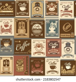 Seamless pattern with various postage stamps on the theme of coffee and coffee house. Repeating vector background in retro style. Suitable for wallpaper, wrapping paper, fabric, package.