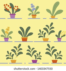 Seamless Pattern of Various Potted Flowering House Plants on Shelves on Yellow Background. Homeplants, Floral Texture, Fabric, Wrapping Paper, Textile. Botanical Ornament Flat Vector Illustration