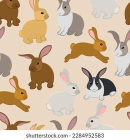 Seamless pattern of various rabbits on a beige background.