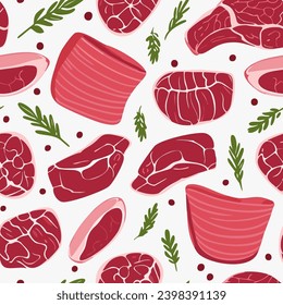 Seamless pattern with various raw meat pieces for steaks, vector illustration.