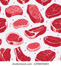 Seamless pattern with various raw meat pieces for steaks, vector illustration.