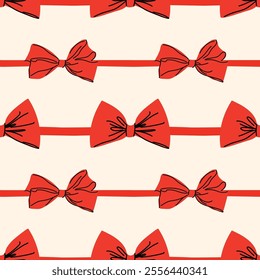 Seamless pattern with various red bows. Background for Christmas, birthday, Valentine's day, etc.