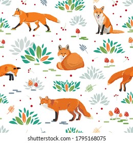 Seamless pattern with various red foxes, leaves, mushrooms and berries on white background