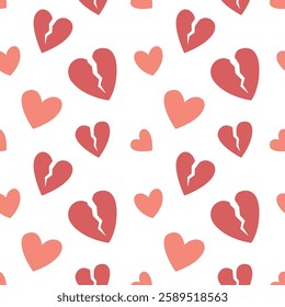 Seamless pattern of various red hearts on a white background