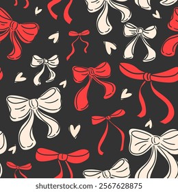 Seamless pattern with various red and white bow knots. Trendy hair braiding accessory. Editable vector illustration for wrapping paper, packaging, fabric, wallpaper, phone case etc.