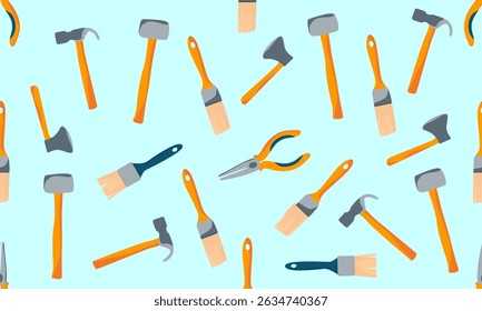 Seamless pattern with various repair tools on a light background. Elements for printing, textures, fabrics, wraps,wallpaper. Vector illustration