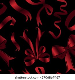 seamless pattern with various ribbons and bows of different shapes with a red gradient on a black background, for holiday designs, social media or web design