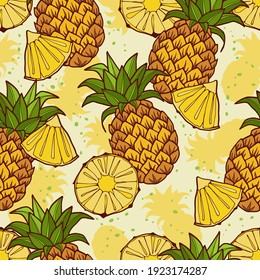 Seamless pattern from various ripe pineapples. Hand-drawn graphics. Cute hand drawn fruits for printing. Vector.