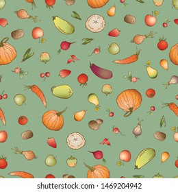 Seamless pattern of various ripe vegetables and fruit