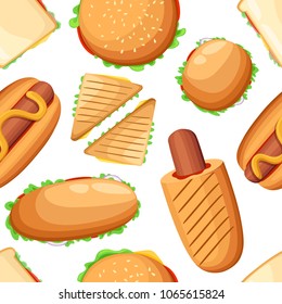 Seamless pattern of various sandwiches, hot dogs and burgers. Cartoon style design. Vector illustration on white background. Web site page and mobile app design.