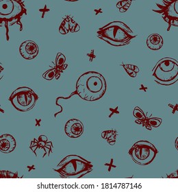 Patrón sin foco de varios ojos atemorizantes. Papel de pared de vector dibujado a mano en estilo de grabado abstracto. Fondo de color vintage de Halloween para diseño de vacaciones, impresión, envoltura, textil, tela, decoración, tarjeta.