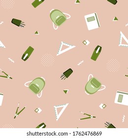 Seamless pattern with various school supplies on a beige background. Vector illustration in flat style.