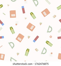 Seamless pattern with various school supplies on a white background. Vector illustration in flat style.