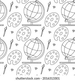 Seamless pattern of various school supplies. First day of school, Back to school flat icons. Vector