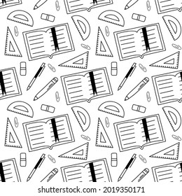 Seamless pattern of various school supplies. First day of school, Back to school flat icons. Vector