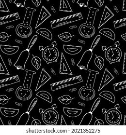 Seamless pattern of various school supplies. First day of school, Back to school flat icons. Vector
