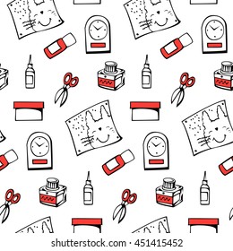 Seamless pattern with various school supplies. Hand-drawn illustration. Vector.