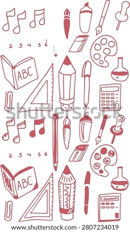 Seamless pattern with various school supplies. hand-drawn pencil doodles, musical notes, books, numbers, and art tools. ideal for educational designs.