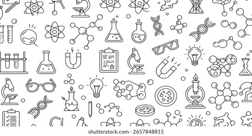 Un patrón sin fisuras de varios iconos científicos, incluyendo moléculas, ADN, microscopios, tubos de ensayo y bombillas, presentado en una línea limpia, en blanco y negro...