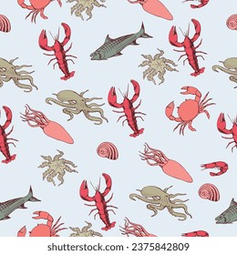 Seamless pattern with various sea animals. Packaging, wrapper or restaurant design. Line art. Vector illustration